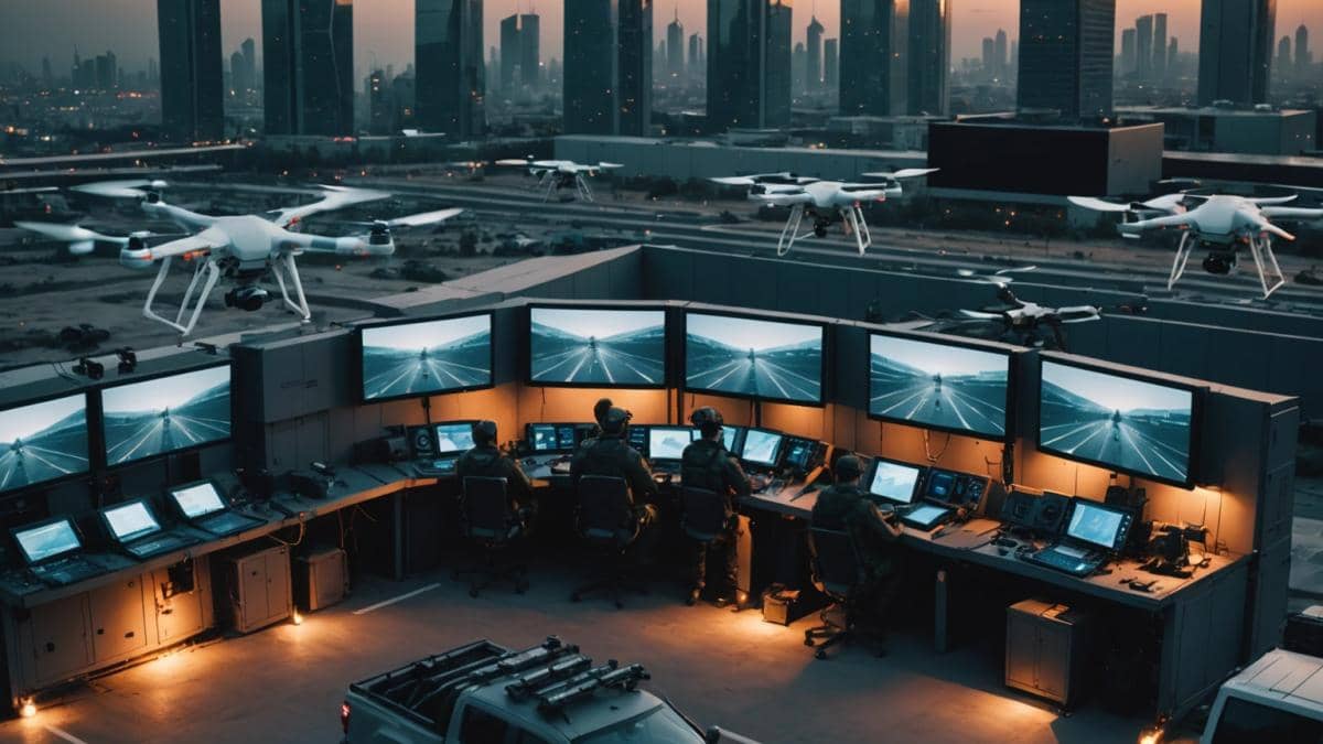 Drones y guerra moderna: ¿Por qué ya nadie pelea como antes? A group of military-grade drones being launched from hidden trucks at dusk on the outskirts of a modern city, photorealistic editorial style, tense and dramatic mood, Israeli and Ukrainian tech operatives monitoring screens inside a high-tech mobile command center, clear focus on the main subjects centered in the image, city skyline blurred in the background with an atmosphere of secrecy and urgency.
