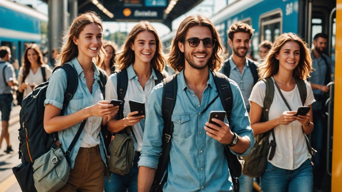 Verano Joven 2025: ¿Aprovechar descuentos o arriesgarte a multas secretas? A group of stylish young adults with backpacks excitedly boarding a modern train at a sunlit Spanish station, photorealistic editorial style, vibrant summer mood, visible travel documents and smartphones in hand, main group well-centered and sharply focused, clean, dynamic background with train and signage referencing 'Verano Joven'.