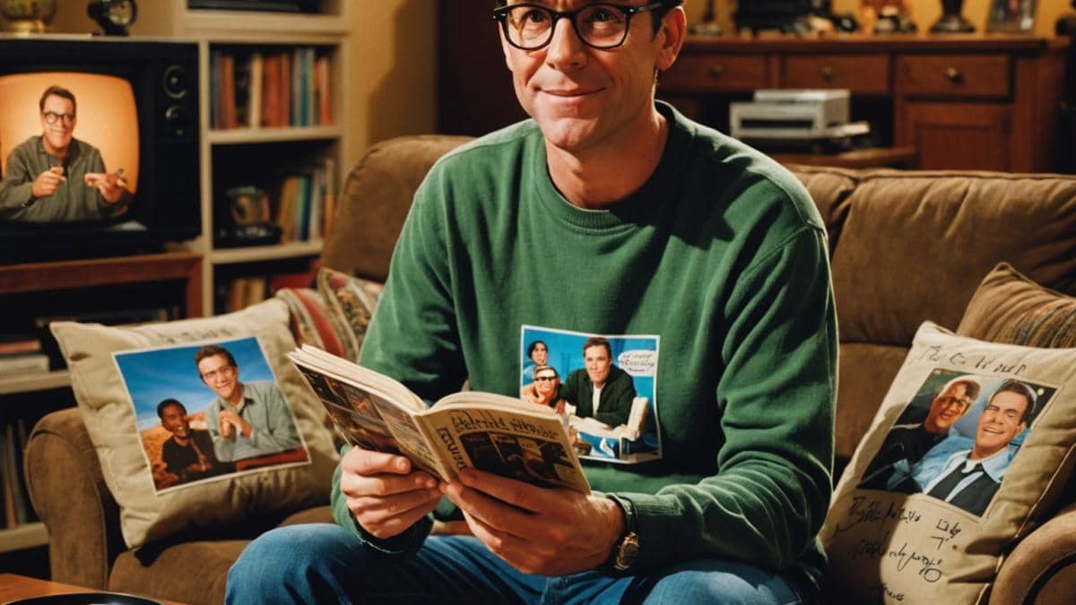 Malcolm y el enigma de Craig: ¿Qué fue de David Anthony Higgins, el rey del humor incómodo? David Anthony Higgins, seated at the center of a cozy living room filled with Malcolm in the Middle memorabilia—DVDs, posters, quirky props. Editorial photorealistic style, warm lighting, subtle film grain for nostalgia. Higgins smiles gently, holding a script and wearing his signature glasses, surrounded by hints of his various TV roles. Main subject sharply in focus and centered, background neat and inviting.