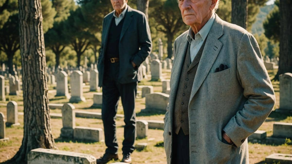 Jean-Louis Trintignant: El secreto doloroso detrás de su tumba lejos de Marie A dignified elderly French actor, standing quietly by a sunlit gravestone in a provincial cemetery in southern France, editorial photorealistic style, serene afternoon light, subtle emotion on his face, surrounded by old cypress trees and classic tombstones, the main subject well-centered and in sharp focus.
