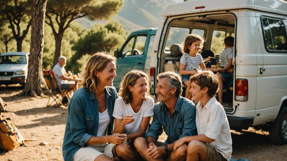 Vacaciones familiares: el secreto real detrás del bienestar duradero A photorealistic editorial image of a joyful family camping in Corsica, sitting together outside a van surrounded by lush Mediterranean nature, late afternoon golden light, casual summer clothes, laughing and sharing food, main subjects (parents and child) well-centered and in sharp focus, cozy camping props like chairs and a picnic blanket, clean natural background with mountains and trees.